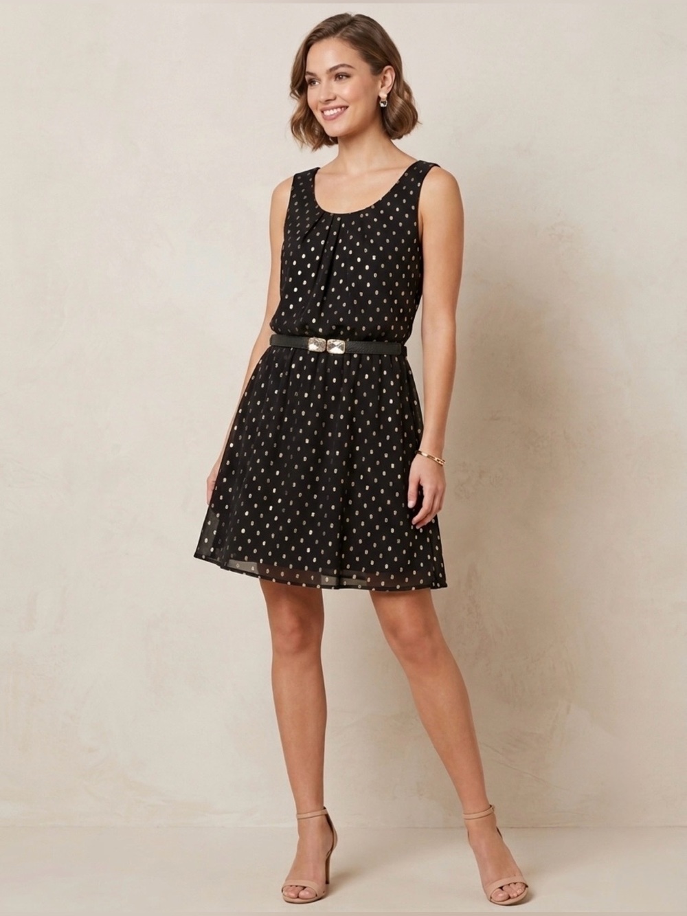 Iz Byer Black Mini Dress with Gold Dot Print and Belt Size Large
